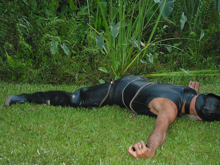 Spreadeagled Rubberman impaled on his own Lawn