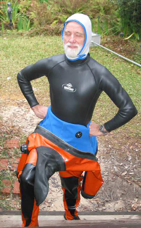 Orange Drysuit over Beuchat Wetsuit